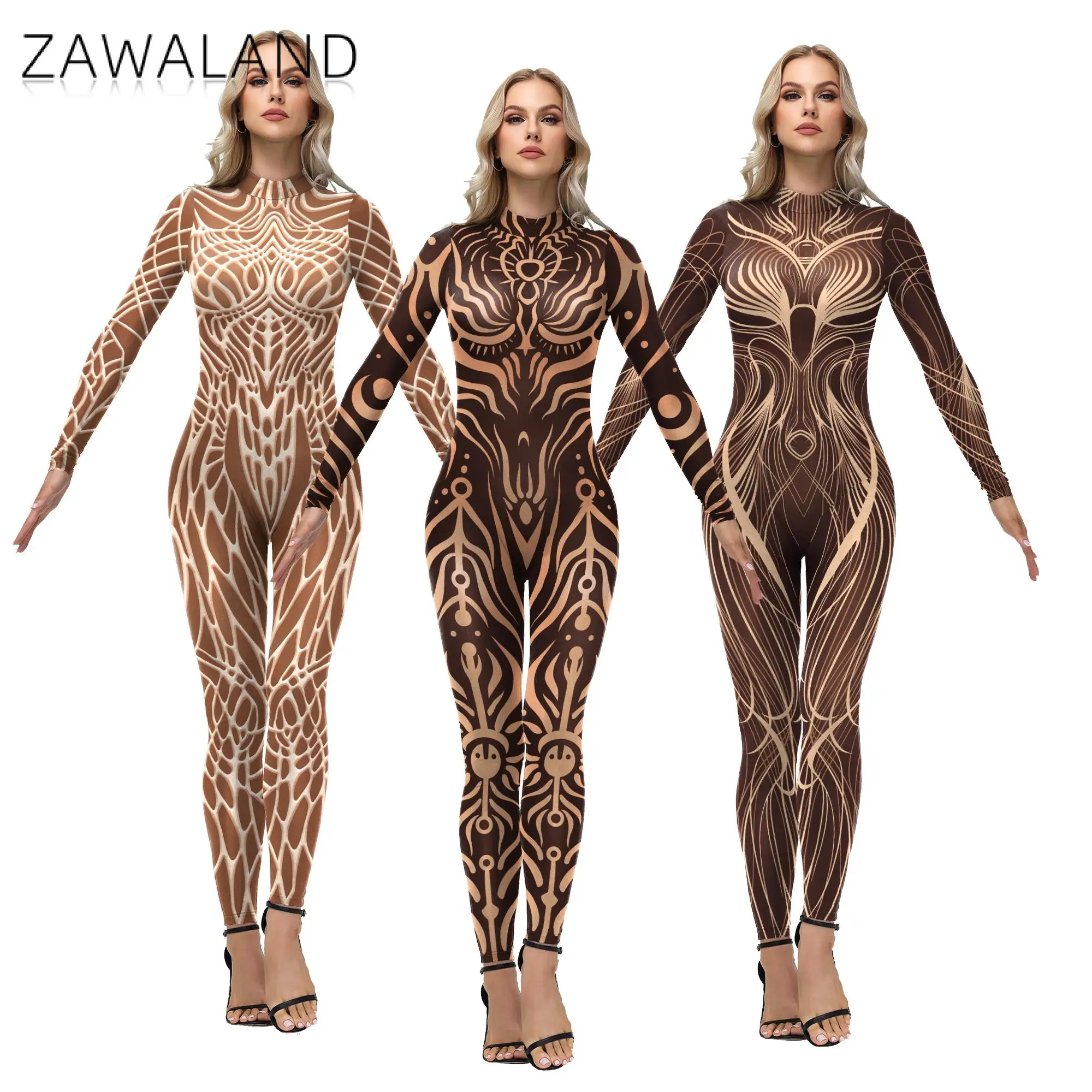 Zawaland Damen-Bodysuit mit Tribal-Tattoo-Print, langärmelig, Party-Jumpsuit, ausgefallener Halloween-Rave-Catsuit, Festival-Cosplay-Kostüm