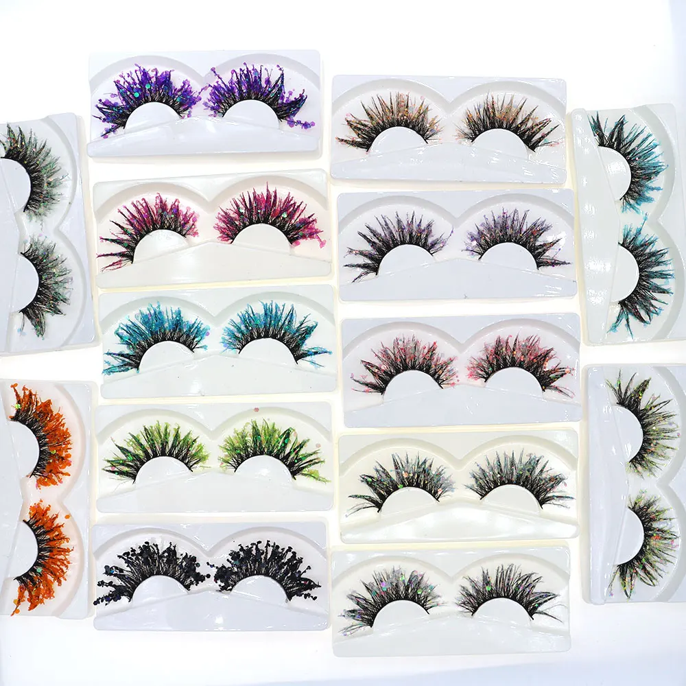 1 paar Halloween-stijl Dromerige pailletten Glitter valse wimpers Hele strip Pluizige DIY-wimpers Cosplay Stage Oogmake-up