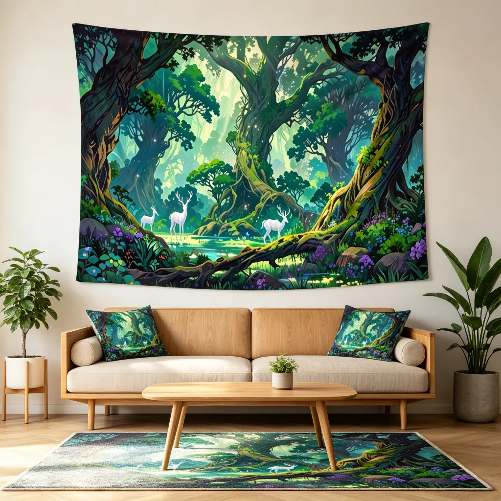 1PC Fantasy Forest White Deer Art Print Backdrop Banner, Bedroom Living Room Photo Background, Polyester, Home Decor, Wall Art