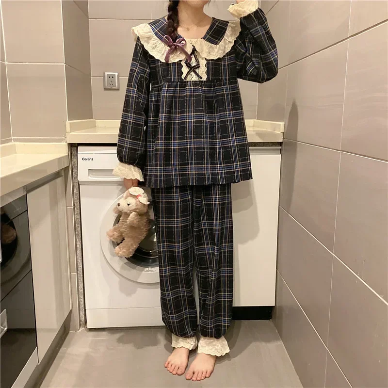 ฤดูใบไม้ผลิและฤดูใบไม้ร่วงใหม่สุภาพสตรีหวานสไตล์วิทยาลัยชุดนอน Homewear ชุดนักเรียนหญิงแขนยาวยาวกางเกงชุดนอน Homewear