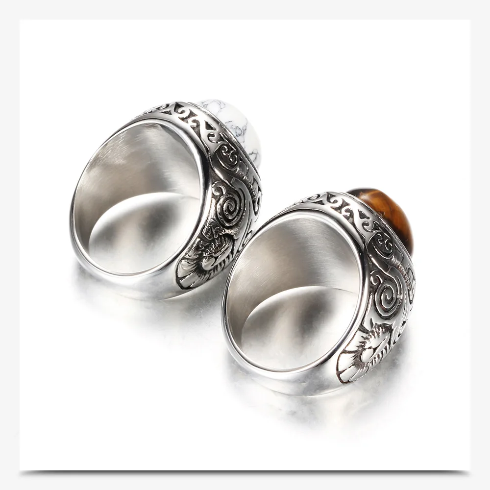 HNSP 316L Stainless Steel Natural Stone Vintage Ring For Men Women Tiger Eyes Black Stone Jewelry Accessories