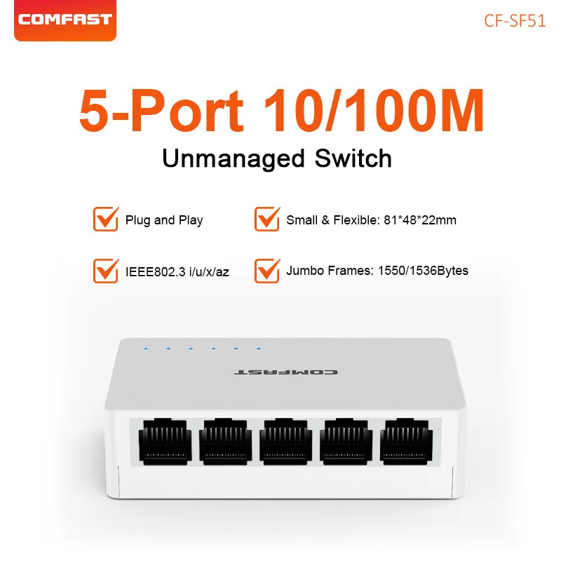 5-port 100M Ethernet switch Automatic Cat3/4/5//5e RJ45 Port IEEE802.3i/u/x/az RJ45 Port Support MDI/MDI-X For Home CF-SF51