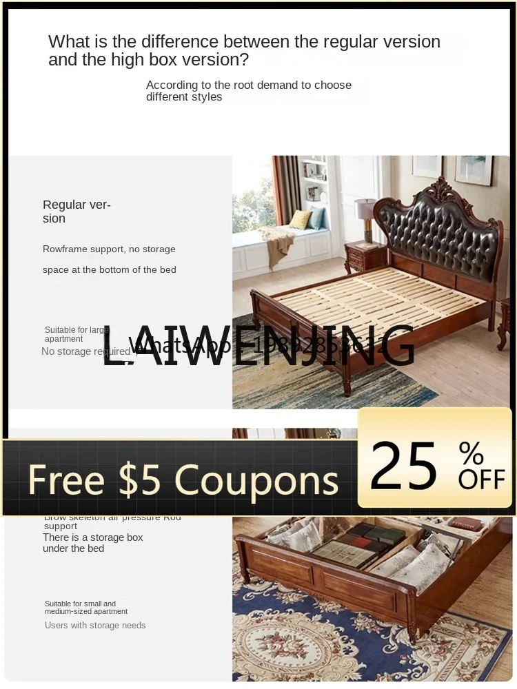 

XTC8 American Country European Master Bedroom First Layer Leather Bed Luxury Carved