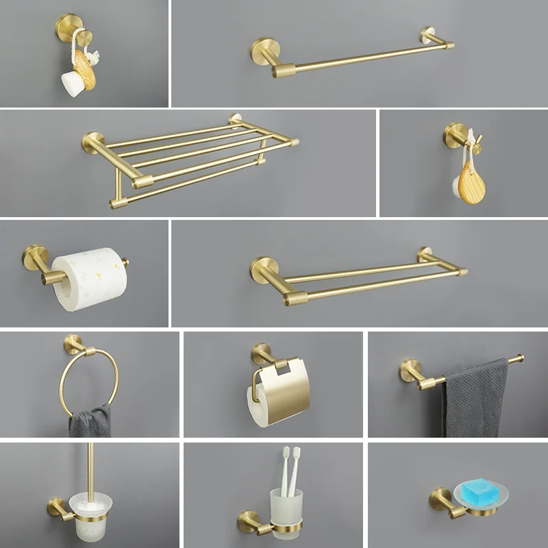 

Brushed Gold Bathroom Accessories Towel Bar Bath Robe Hook Brass Knurled Bathroom Hardware Set Shelf for Towels Paper Tissue Hol