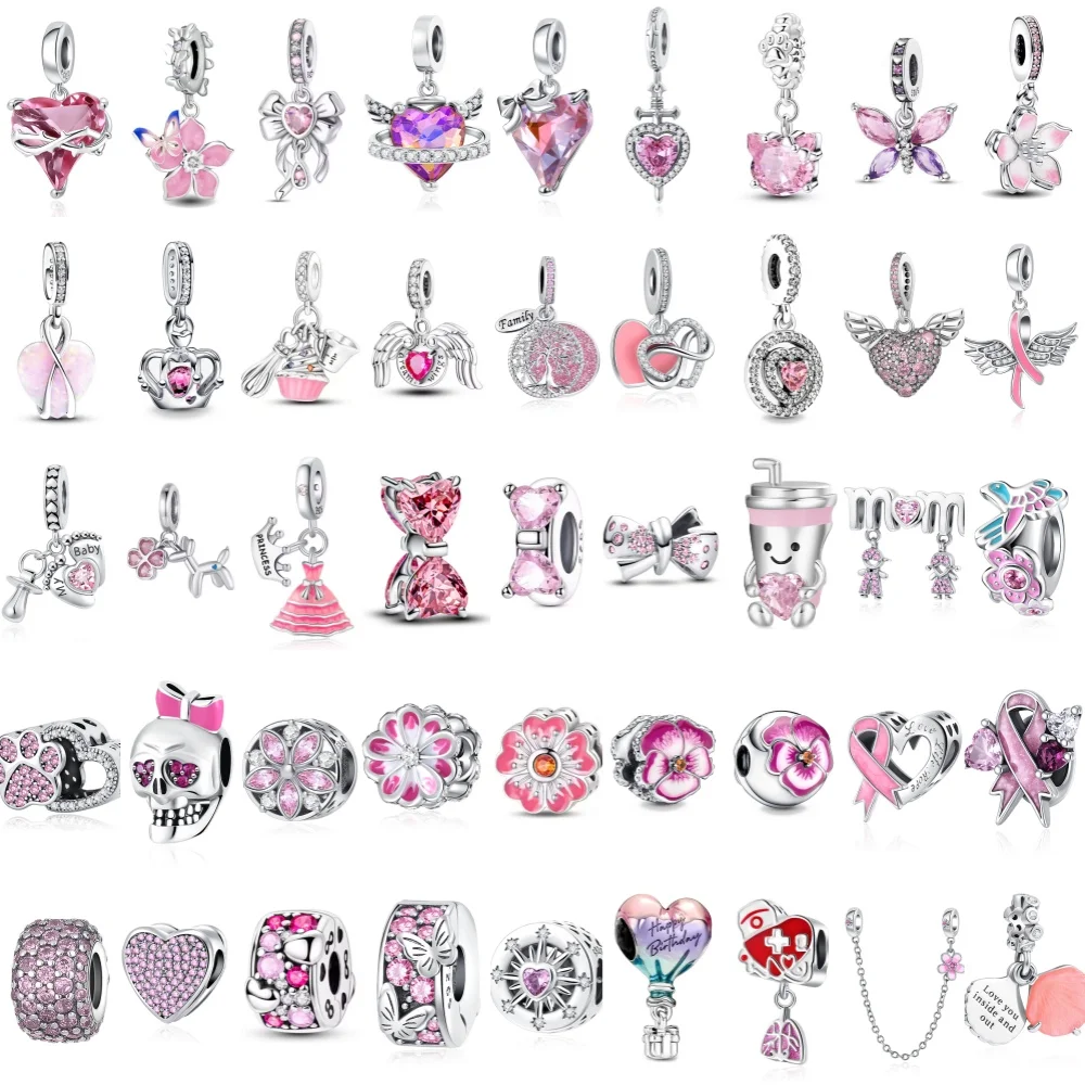 2026 Spring Pink Series Ballon Butterfly Flower Pendant Fit S925 European 925 Sterling Silver Bracelet Bangles Necklace