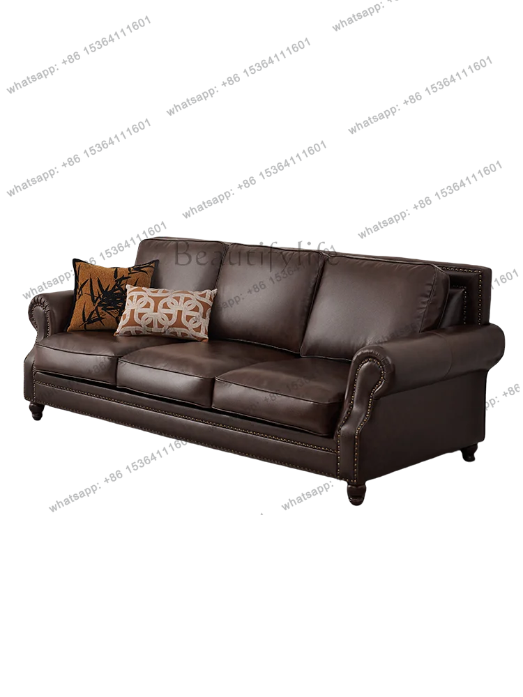 

American leather sofa combination first layer cowhide straight row three-person retro simple furniture