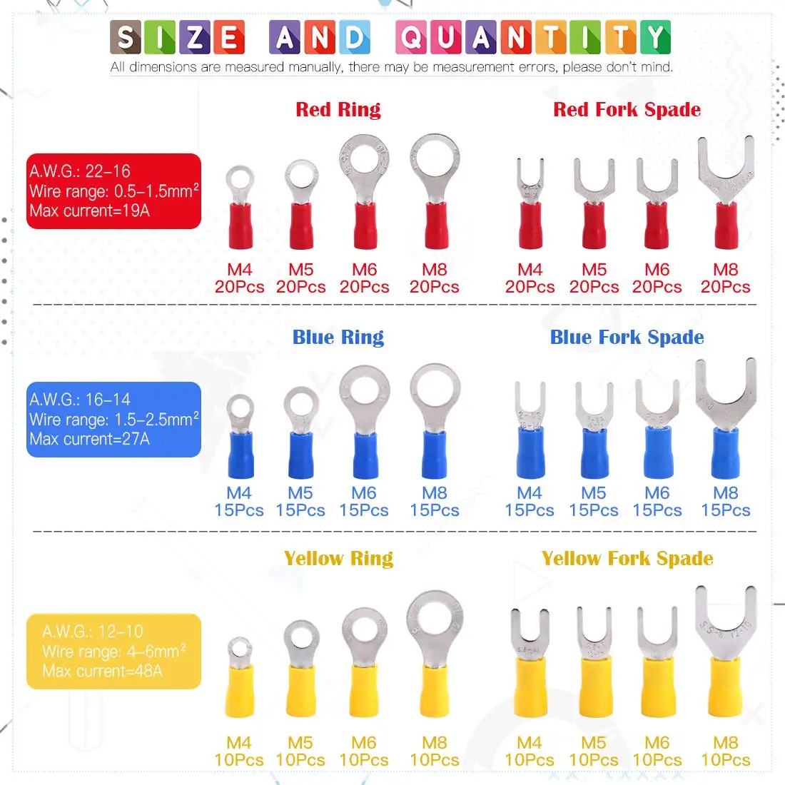 360pcs 22-16/16-14/12-10 Gauge Quick Disconnect Electrical Insulated Spade Fork Ring Solderless Crimp Terminals Connectors Kit