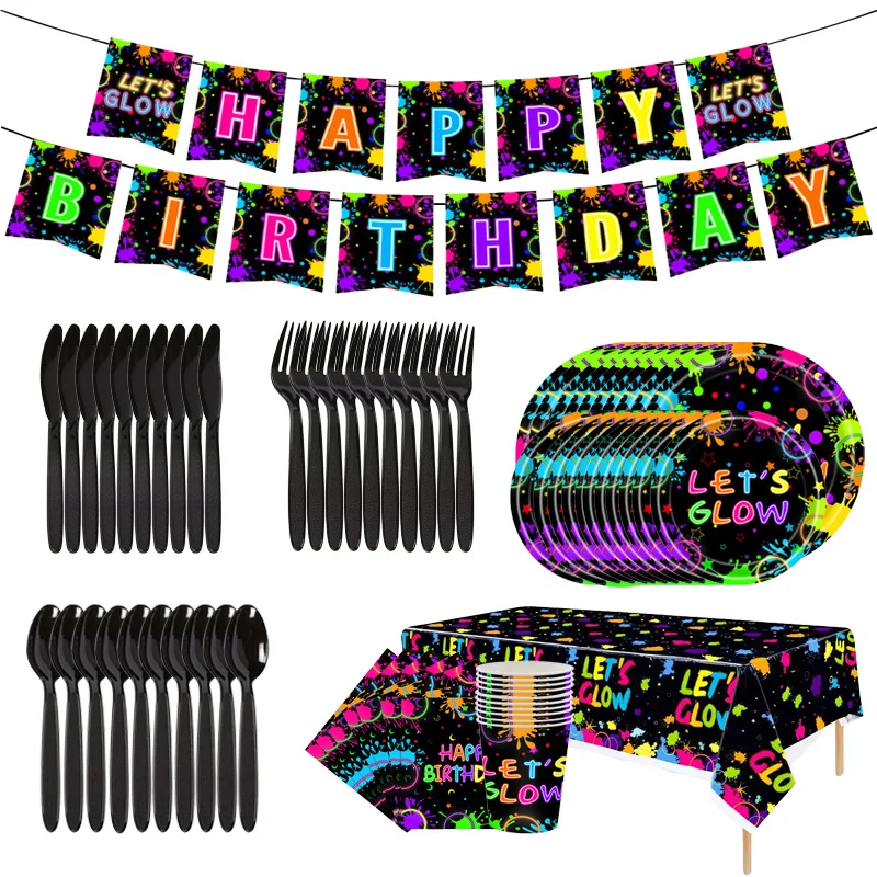 

Neon Glowing Theme Party Disposable Tableware Tablecloth Happy Birthday Party Decoration Kids Boy Girl Paper Plates Cups Napkin