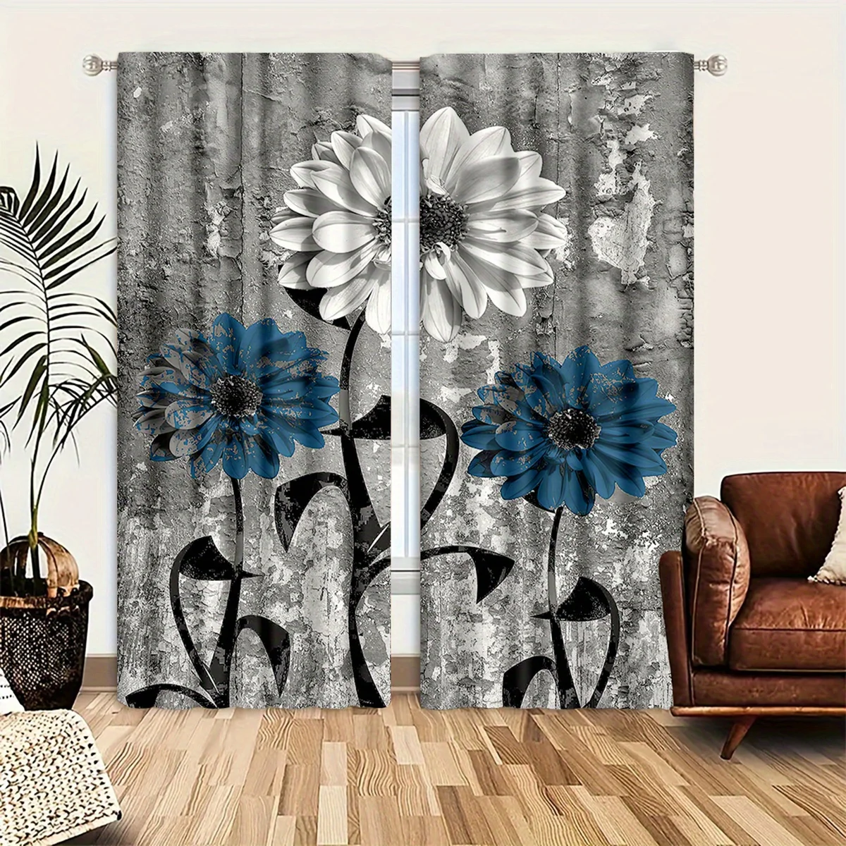 

2 Pieces Vintage Daisy Pattern Curtains, Polyester Fabric, Machine Washable, Suitable for Bedroom Living Room Decoration