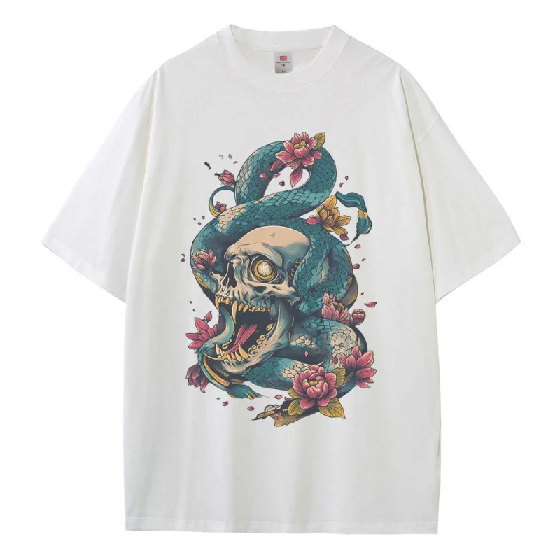 Cotton Graphic T Shirts Skull Python Illustration Printed Unisex Tops Heavyweight Drop Shoulder Oversized T Shirt Breathable