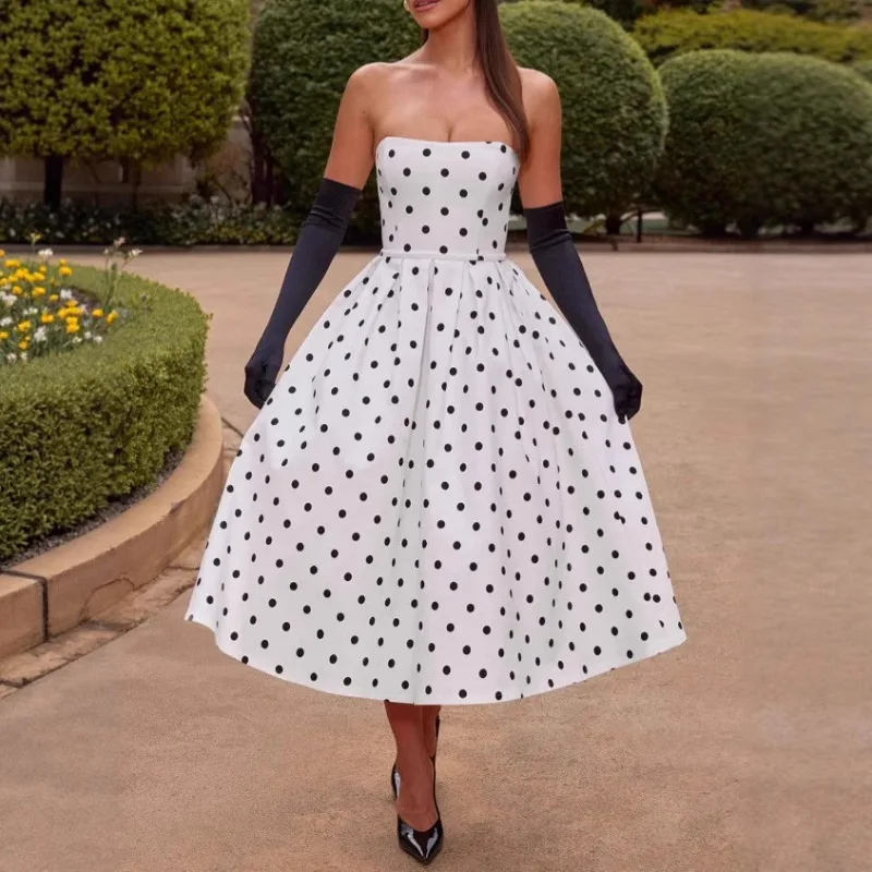 Vestido de cóctel sin tirantes con hombros descubiertos para mujer, elegante vestido de noche Formal para graduación y boda con falda plisada de lunares