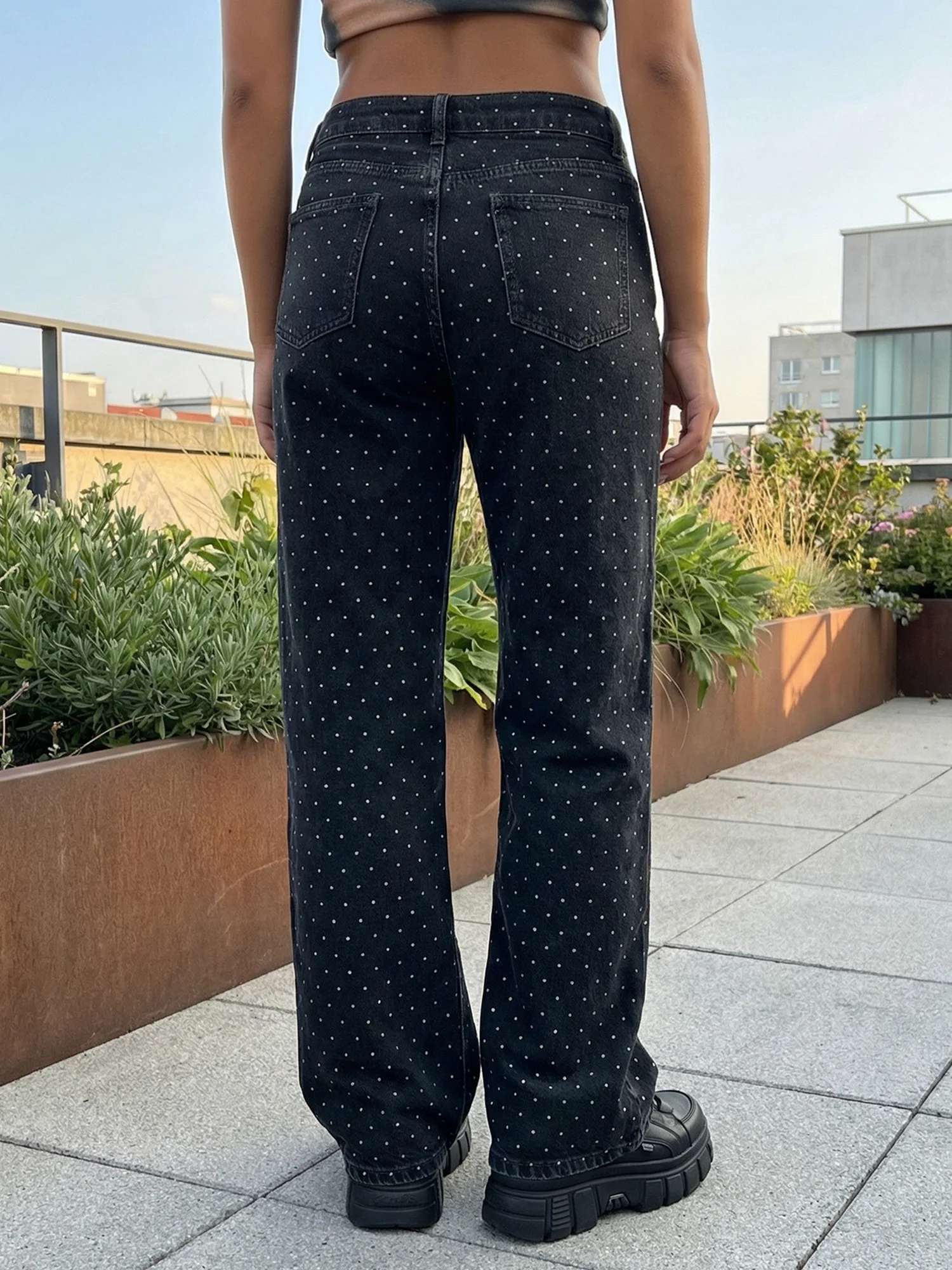 

Women s Dot Print Baggy Jeans Fashionable Casual Low Rise Denim Wide Leg Pants with Pockets