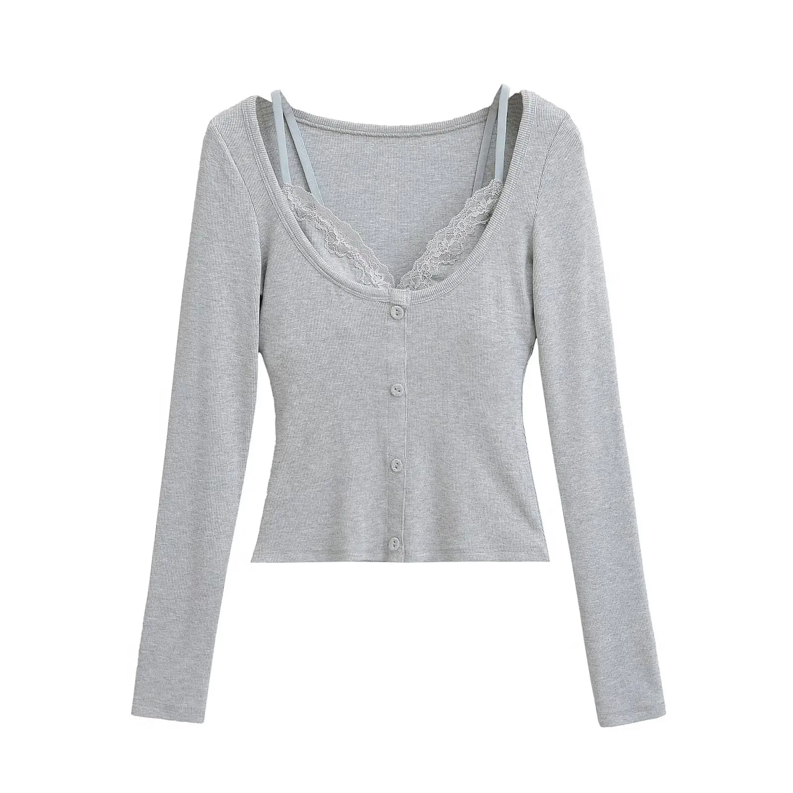 Kardaian Sexy Lace Trim Long Sve round Ne Base irt Pure Desire Slim Fit Two Piece Set T irt for Women Spring Sle