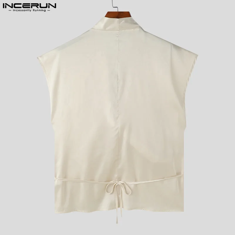 INCERUN Men Tank Tops Solid Color V Neck Pleated Sleeveless Casual Vests Streetwear Lace Up Summer Fashion Men Clothing S-5XL