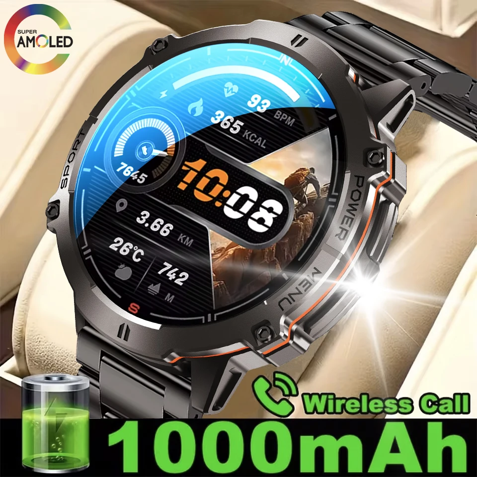 

2025 New 1000mAh Large Capacity Military Watch 30 Day Battery 1.73" AMOLED 5ATM Waterproof Compass Altimeter Outdoor Smart Watch