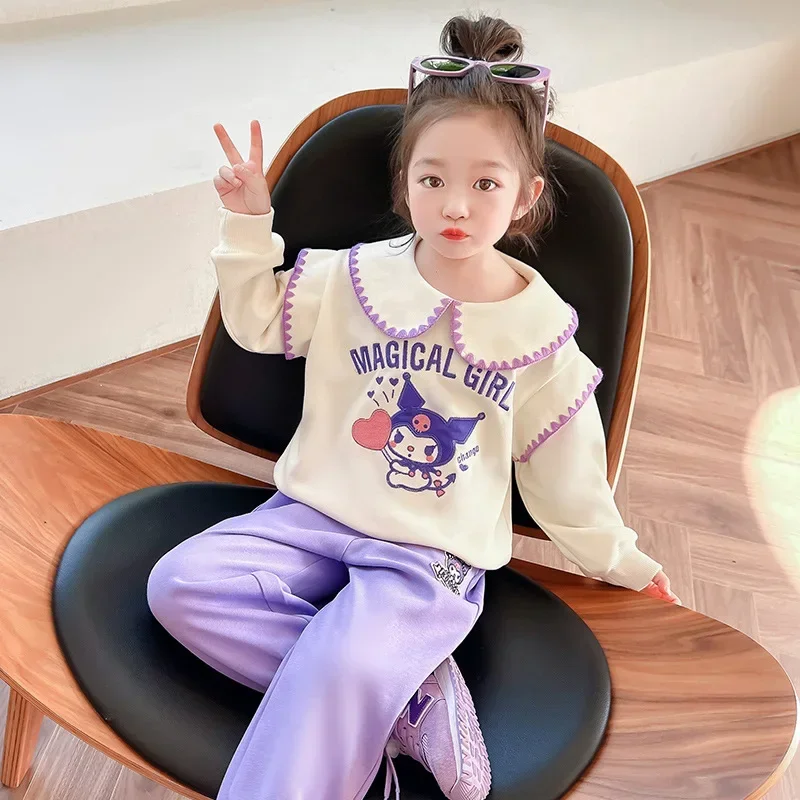 Sanrio Cinnamoroll Kuromi Children Set Cartoon Casual Relaxed Girls Long Sleeved Suit Kawaii Children Clothing Birthday Gifts