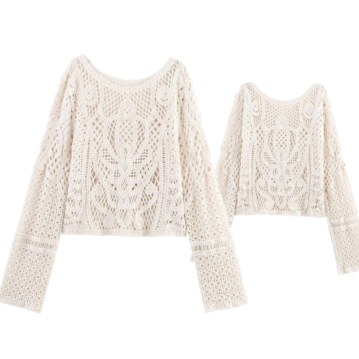 

Maxdutti Summer Blouse French Lazy Beige Crochet Lace Shirt Minimalist Women's Round Neck Cropped Cover-up Top