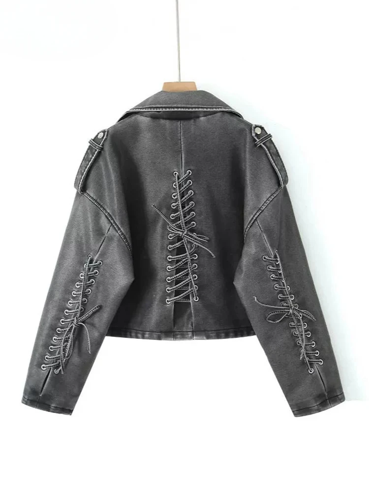 Gray Big Size Cool  Leather Jacket New Lapel Long Sleeve Back Bandage Women Coat Fashion Tide Spring Autumn 2024