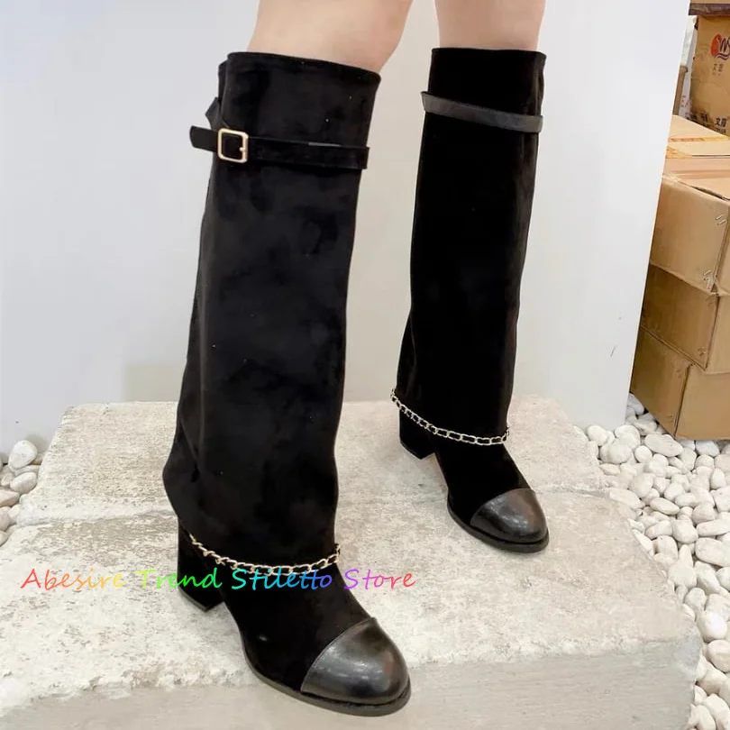 

Black Chain Belt Buckle Round Toe Boots Brand Designer Thick High Heel Catwalk Botas Mujer Winter Knee-High Shoes For Women