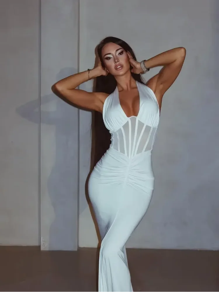 ファッションソリッドVネックバックレスレースアップホルターネックドレス女性用ノースリーブホローアウトウエストシンチドガウンレディースイブニングパーティーローブ