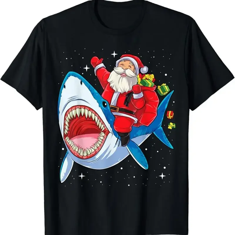 Santa Claus Riding Shark Christmas Boys Merry Sharkmas Xmas T Shirt