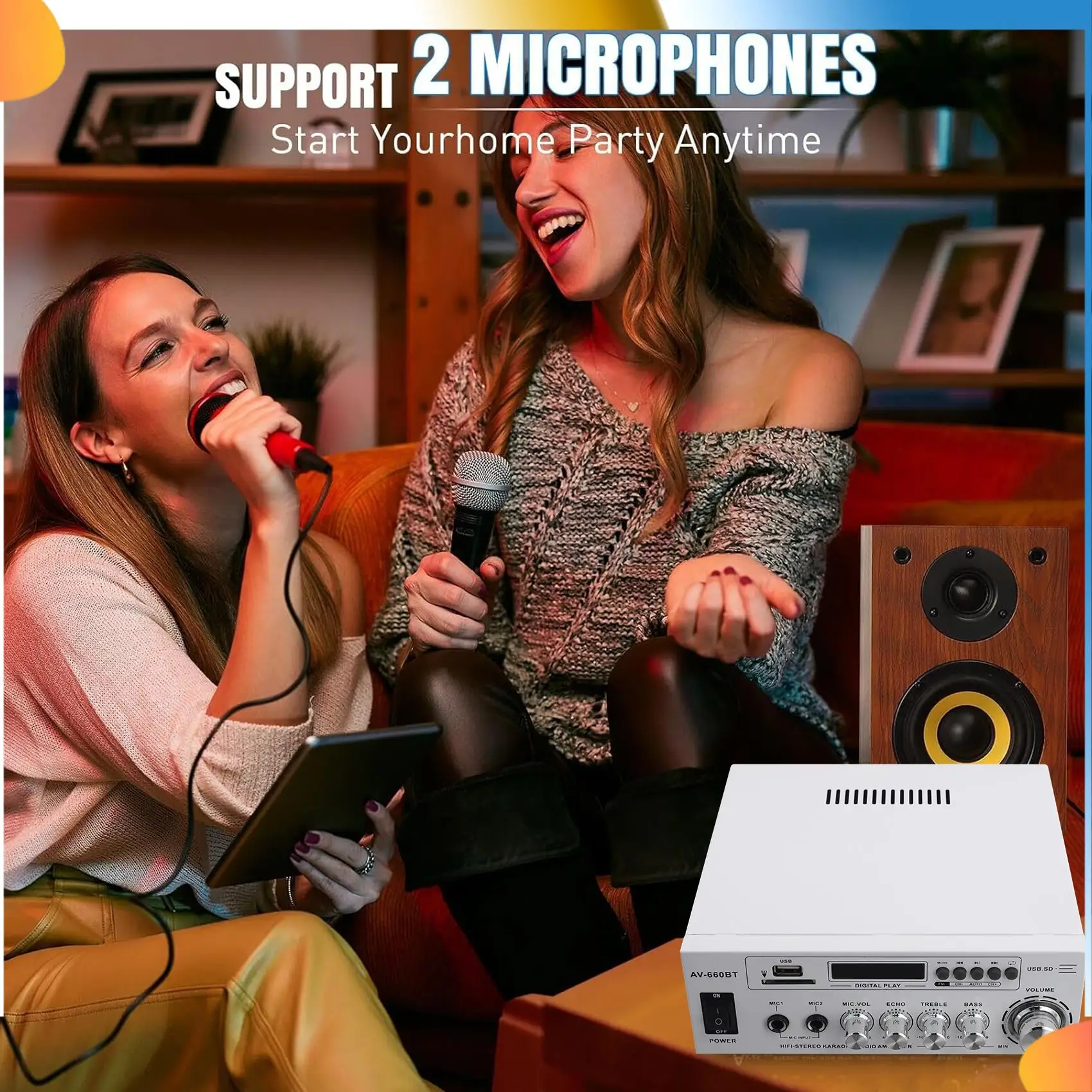 

B48A AV-660BT 2.0 CH Усилитель звука — усилитель мощности с поддержкой Bluetooth, FM-радио, USB, SD-карты и двойных микрофонных входов, вилка европейского стандарта