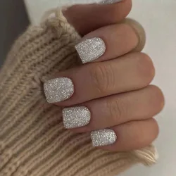 24pcs Silver Glitter Girls Glued Press on Nails Short Self-adhesive False Nails with Glue Square Stick-on Nails with Tools 2026
