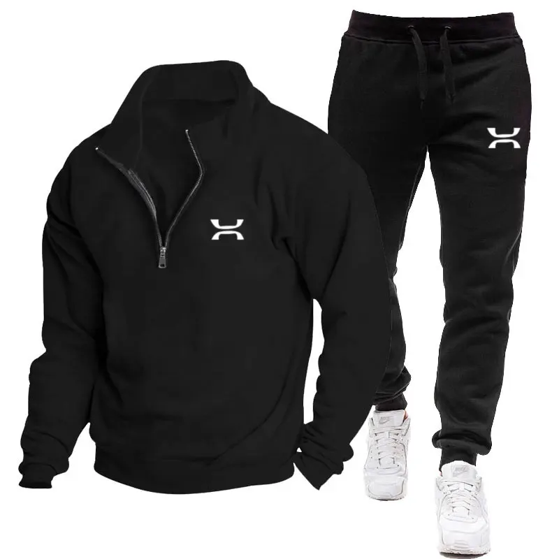 2024 Men's Tracksuit Autumn winter new Men's Clothing Fleece Lining Stand Collar Hoodie + Sweatpants 2 Set Of Casual Sportswear