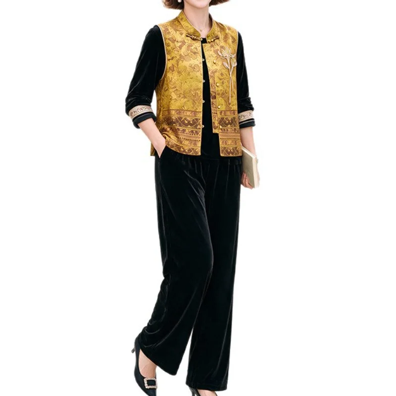 Velvet Women Chinese Style Cheongsam 3Pcs Satin Sleeveless Vest Beads Jacket Embroidery Long Sleeve Innerwear Soft Pants Clothes
