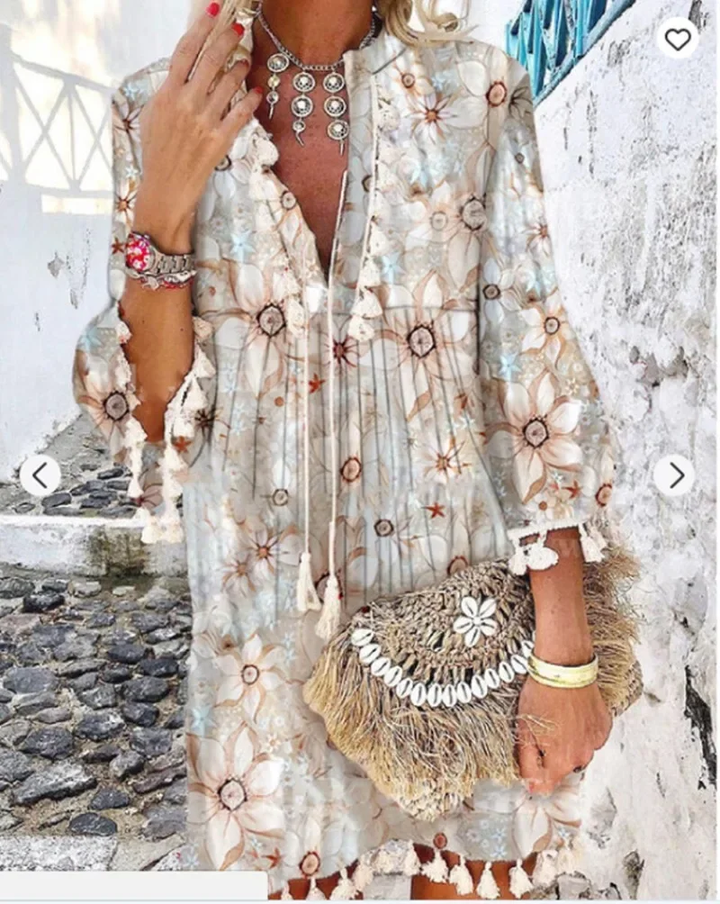 Women Vintage Print Dress V Neck Tassel Mini Bohemian Dresses Casual Loose Beach Dress Y2k Spring Summer Vestidos Femme Платье