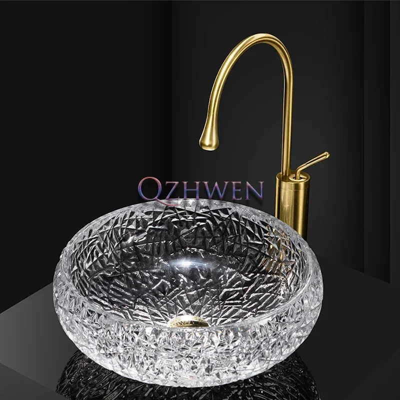 

41cm Crystal Glass Sink Bathroom Washbasin Transparent Round Countertop Hand Wash Basin Washroom Vessel Bowl With Faucet Set