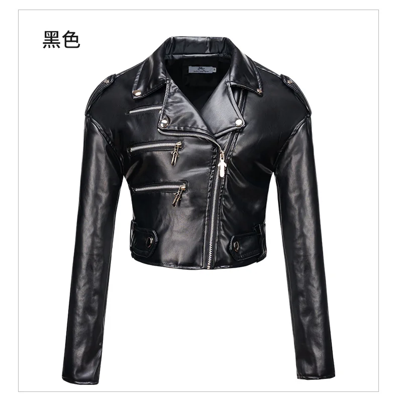 New Women slim short leather jacket plus cotton high waist long sleeve lapel diagonal zipper leather jacket pu motorcycle suit