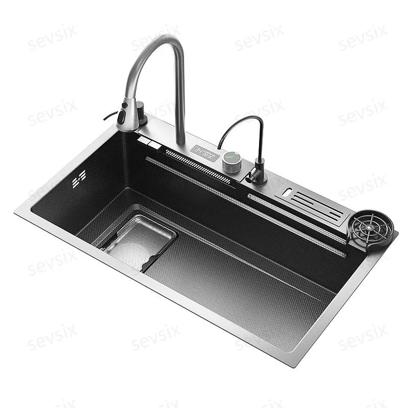 

Black Silver Heavy-Duty 304 Stainless Steel Farmhouse Sink Anti-Fingerprint Honeycomb Design Pull-Out Spray Head Left Drain Hole