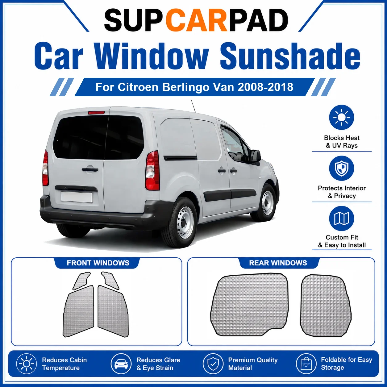 For Citroen - Citroen Berlingo Van 2008-2018 Full Set Car Window Sunshades UV Block Privacy Heat Insulated Foldable Car Curtain
