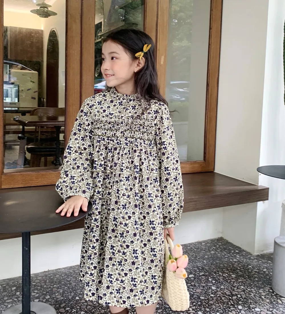 

Autumn kids girls clothes baby dresses cotton long sleeve Yellow floral pattern hand embroidery High quality dress
