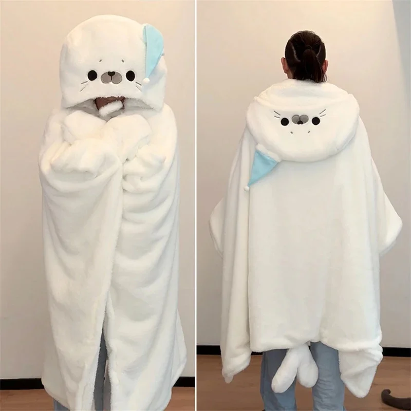 Cute Seal Cat Hooded Wearable Blanket Cloak with Gloves