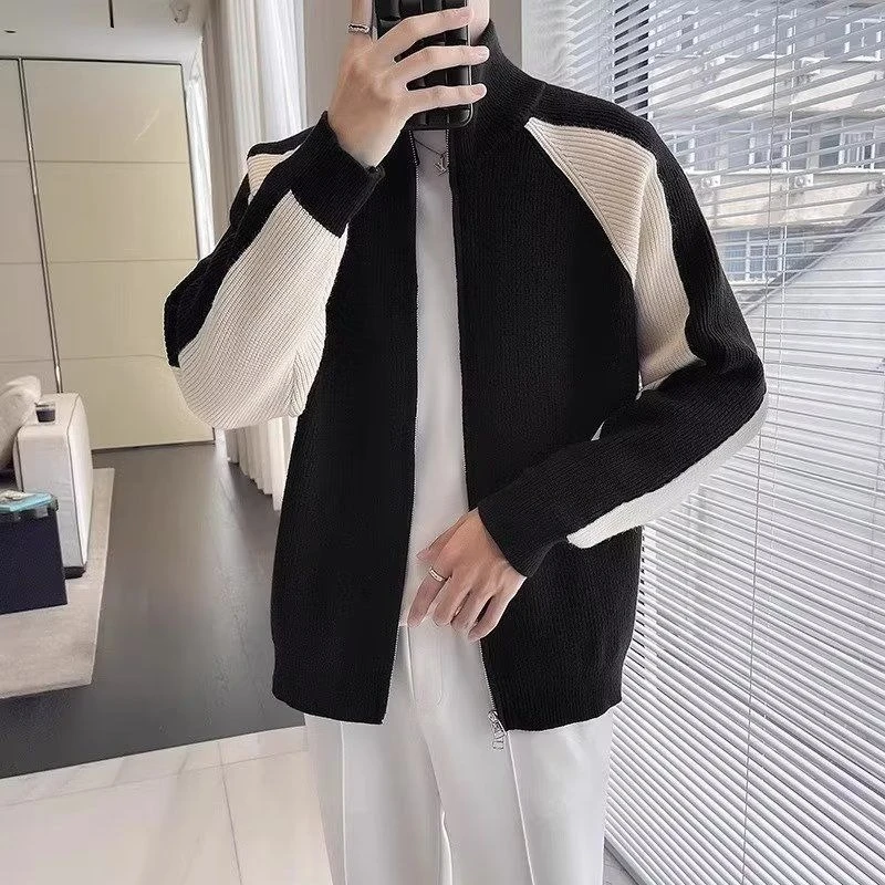 

Autumn Winter Men's Stand Collar Zipper Color Block Raglan Sleeve High End Fashion Loose Couple All Match Knitted Cardigan