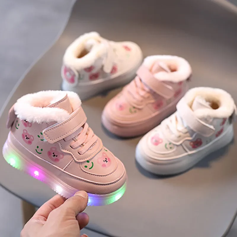 Girl Shoe Kid Cotton Shoe for Girl Led Lighted Plush Board Shoe Winter Non-slip High Top Sport Shoe Luminous Kids Casual Sneaker