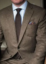 Costumes décontractés en tweed à chevrons marron pour hommes, blazers d'hiver, smoking de mariage GroomTIME, ensemble masculin, veste avec pantalon Fa, 2 pièces