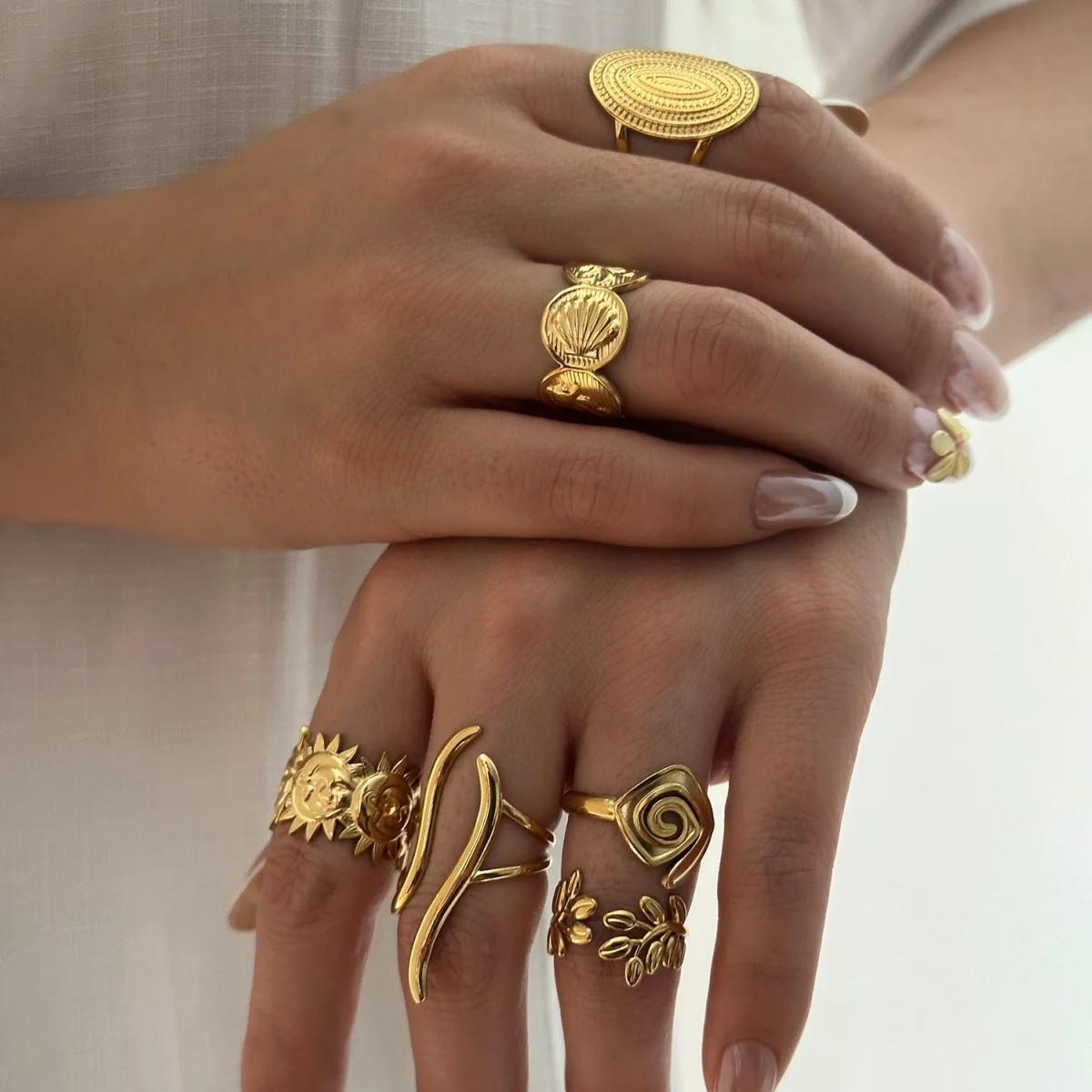 Vintage Edelstahl-Ringe mit Sonnenblumen- und Blattmuster für Damen und Herren, Punk-Mode, geometrischer Spiral-Oval-Fingerring, Schmuck – Detail 15