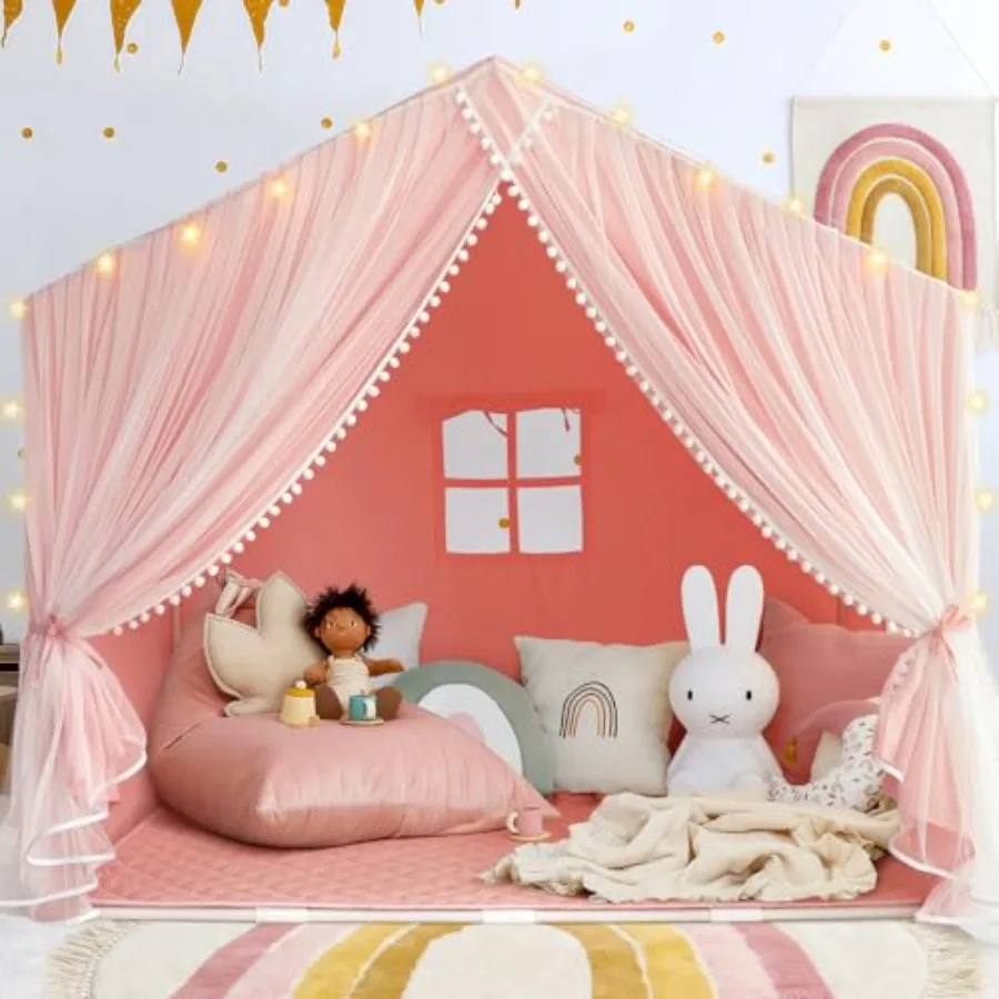 

Indoor kids play tent with mat, pink princess-themed cottage for girls, polyester fabric, soft pastel pink color, easy setup an