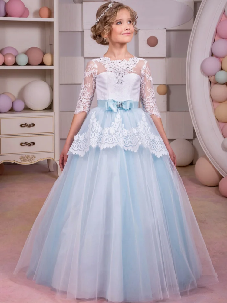 

Blue Flower Girl Dresses Tulle White Lace Appliques With Bow Half Sleeve For Wedding Birthday Party First Communion Gowns