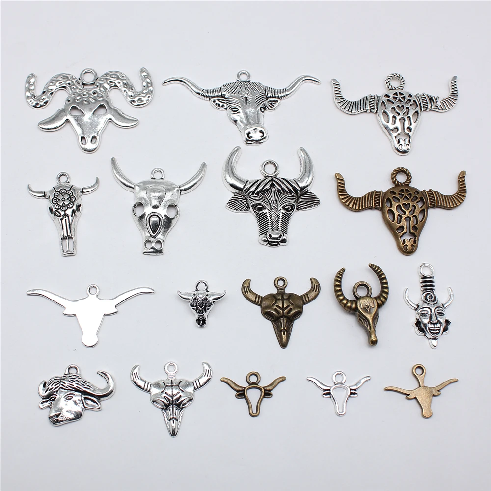 10pcs Witch Charms Bull Skull Antique Bronze Silver Color Pendants Making DIY Handmade Jewelry Factory Wholesale