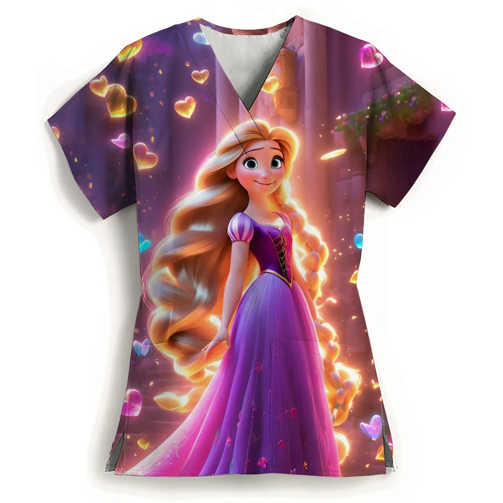 Disney Princess Women Uniform Print Frozen Elsa Snow White Short Sleeve V-neck Tops Femme Blouse Nurse workMedical Uniforms