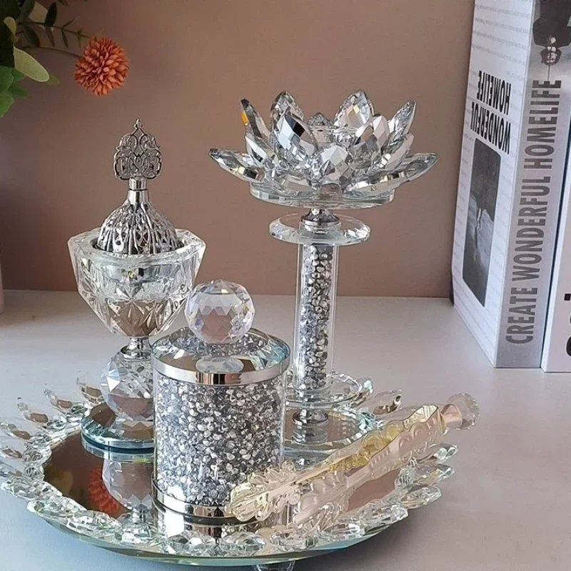 Golden bright diamond crystal glass Lotus Incense burner set Arabian Incense burner 5-piece set