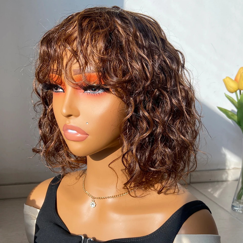 

Brazilian Short Pixie Bob Cut Human Hair Wigs With Bangs Jerry Curly Non lace front Wig Highlight P4/30 Colored Kinky CurlyWigs