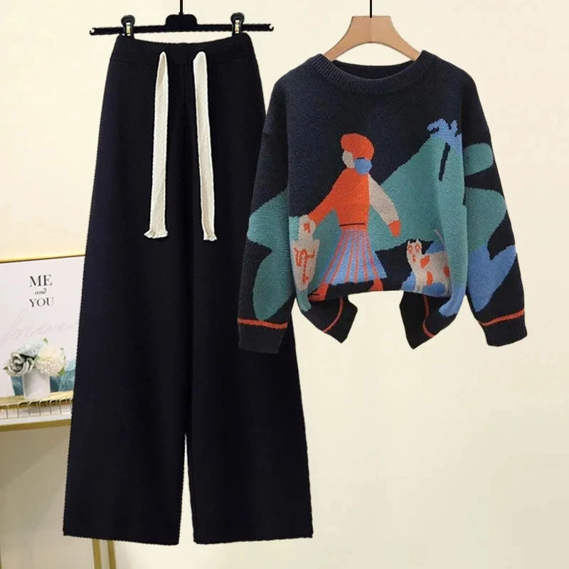 Knitted Embroidery Oversize 4xl Suit Fall Winter Womens Sweater Pullovers Tops+Knit Wide Leg Pants Outfit Knitwears 2 Piece Sets