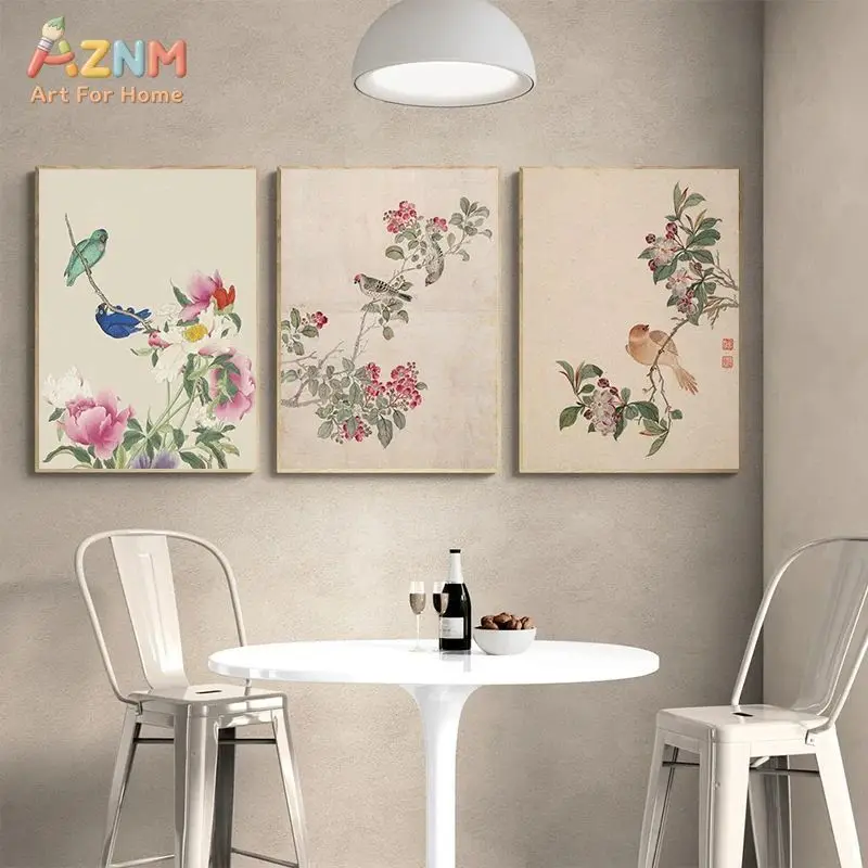 AZNM Chinese Vintage Flower Bird Canvas Poster Frameless Wall Art Traditional Ink Painting Peony Wisteria Butterfly Oriental Flo