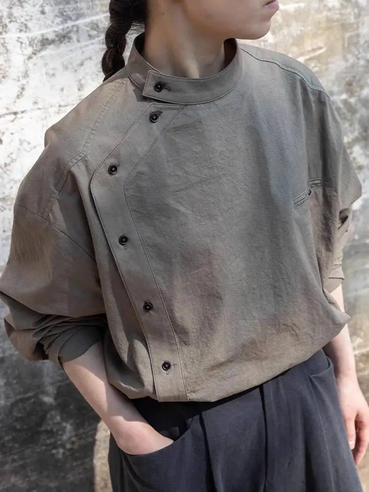 

Мужская и женская повседневная рубашка с воротником-стойкой в китайском стиле, однорядная рубашка на пуговицах, уникальный дизайн, свободный облегающий универсальный топ