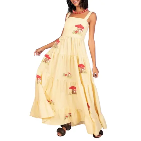 Vintage Embroidery Sleeveless Square Neck Tiered Dress Women Boho Beach Maxi Dress Female Chic Fashion Holiday Long Sundress